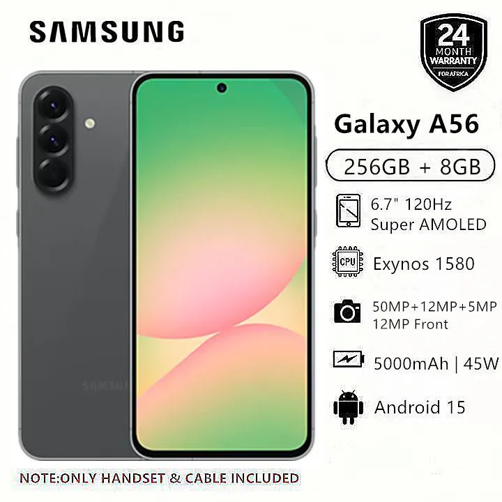 Samsung Galaxy A56 5G 256GB+8GB 6.7" 120Hz AMOLED Display 50MP Triple Camera Exynos 1580 (4nm) 45W 5000mAh 7.4mm Slim Android 15 IP67 Dust Water Resistant Smart Phones